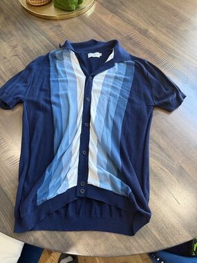 Men's Navy Blue Button Polo with Blue Stripe Panel - Unknown Brand